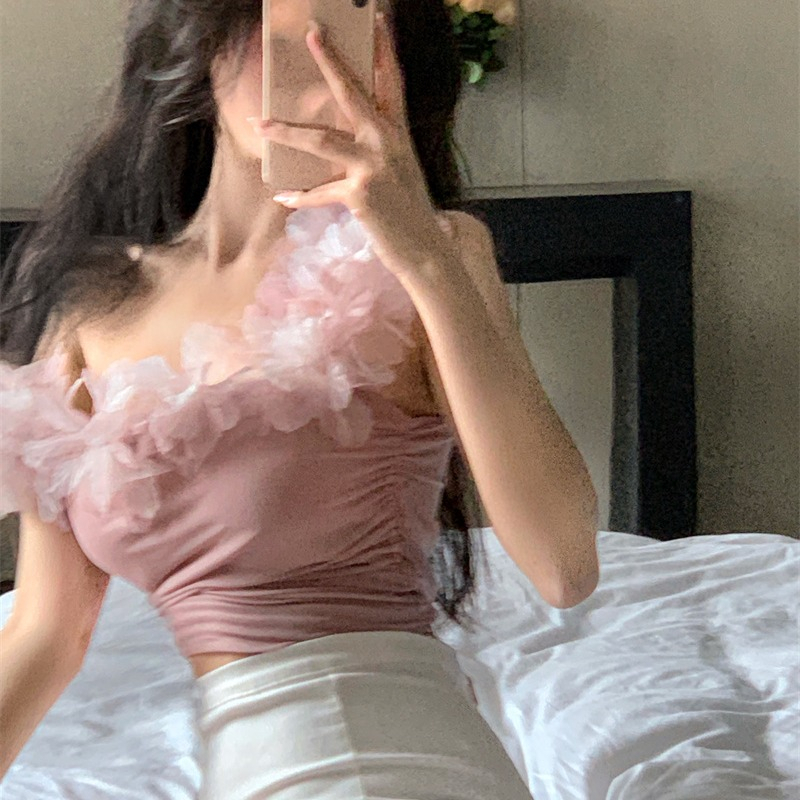 QADCOL áo kiểu hồng Áo Hai Dây Dáng Ngắn In Hoa Thời Trang Mùa Hè Quyến Rũ Cho Nữ