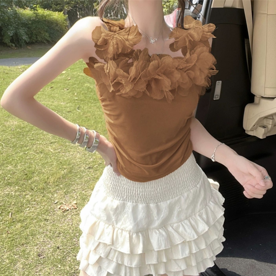 QADCOL áo kiểu hồng Áo Hai Dây Dáng Ngắn In Hoa Thời Trang Mùa Hè Quyến Rũ Cho Nữ