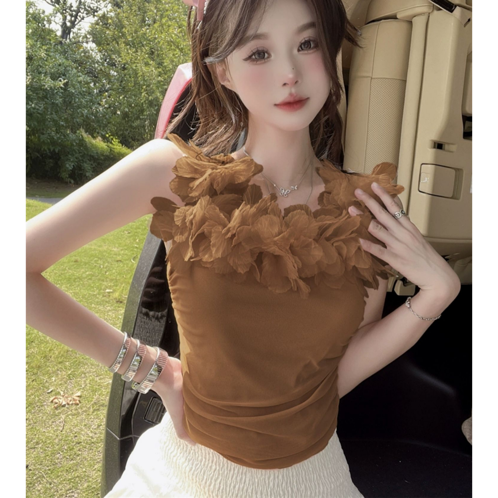 QADCOL áo kiểu hồng Áo Hai Dây Dáng Ngắn In Hoa Thời Trang Mùa Hè Quyến Rũ Cho Nữ