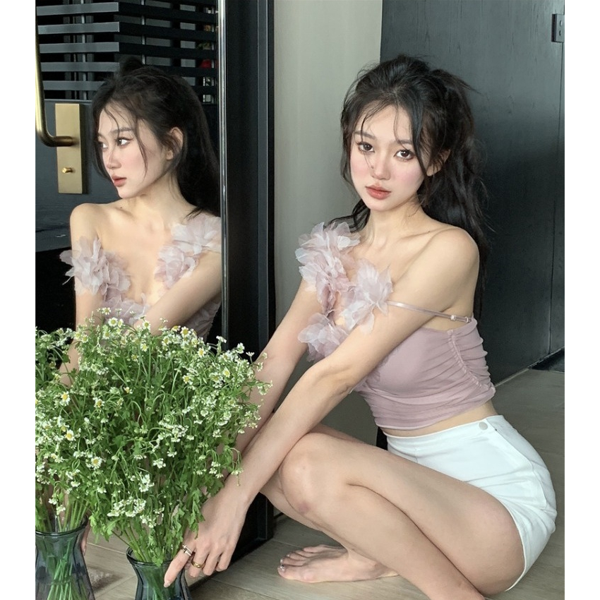 QADCOL áo kiểu hồng Áo Hai Dây Dáng Ngắn In Hoa Thời Trang Mùa Hè Quyến Rũ Cho Nữ