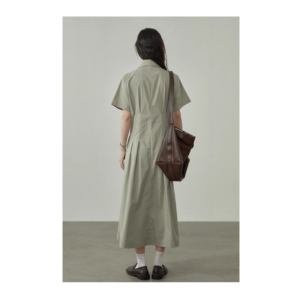 Đầm Dài Dáng Chữ A Cổ Bẻ Cài Nút Nhấn Eo Thời Trang Mùa Hè Hàn Quốc 2023 Cho Nữ