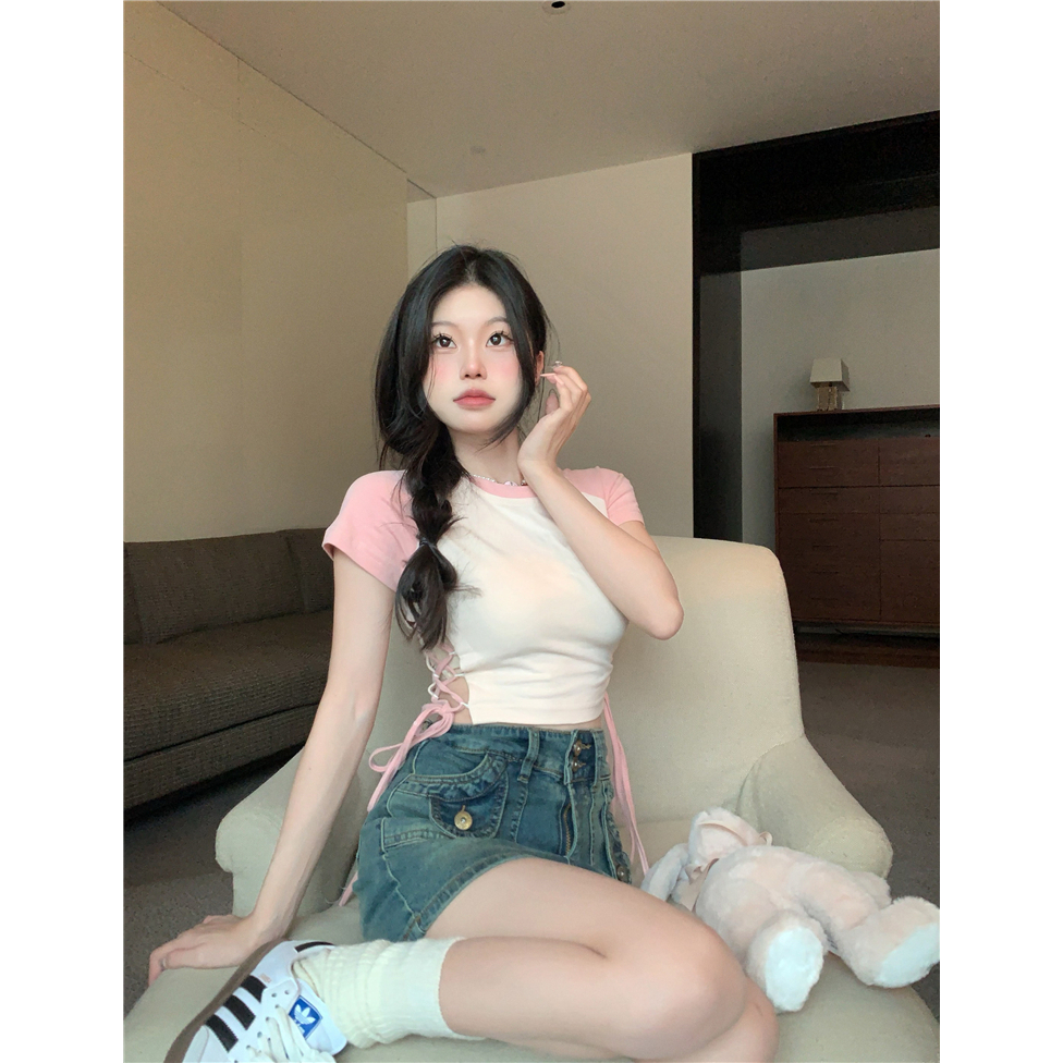 HUANG YOYO Áo Croptop Tay Ngắn Cổ Tròn Thiết Kế Dây Cột Thời Trang Mùa Hè Mới Cho Nữ