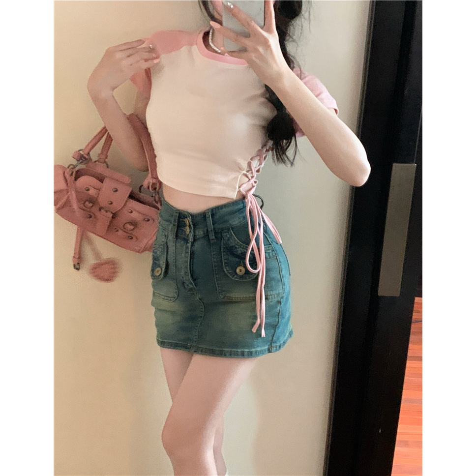 HUANG YOYO Áo Croptop Tay Ngắn Cổ Tròn Thiết Kế Dây Cột Thời Trang Mùa Hè Mới Cho Nữ