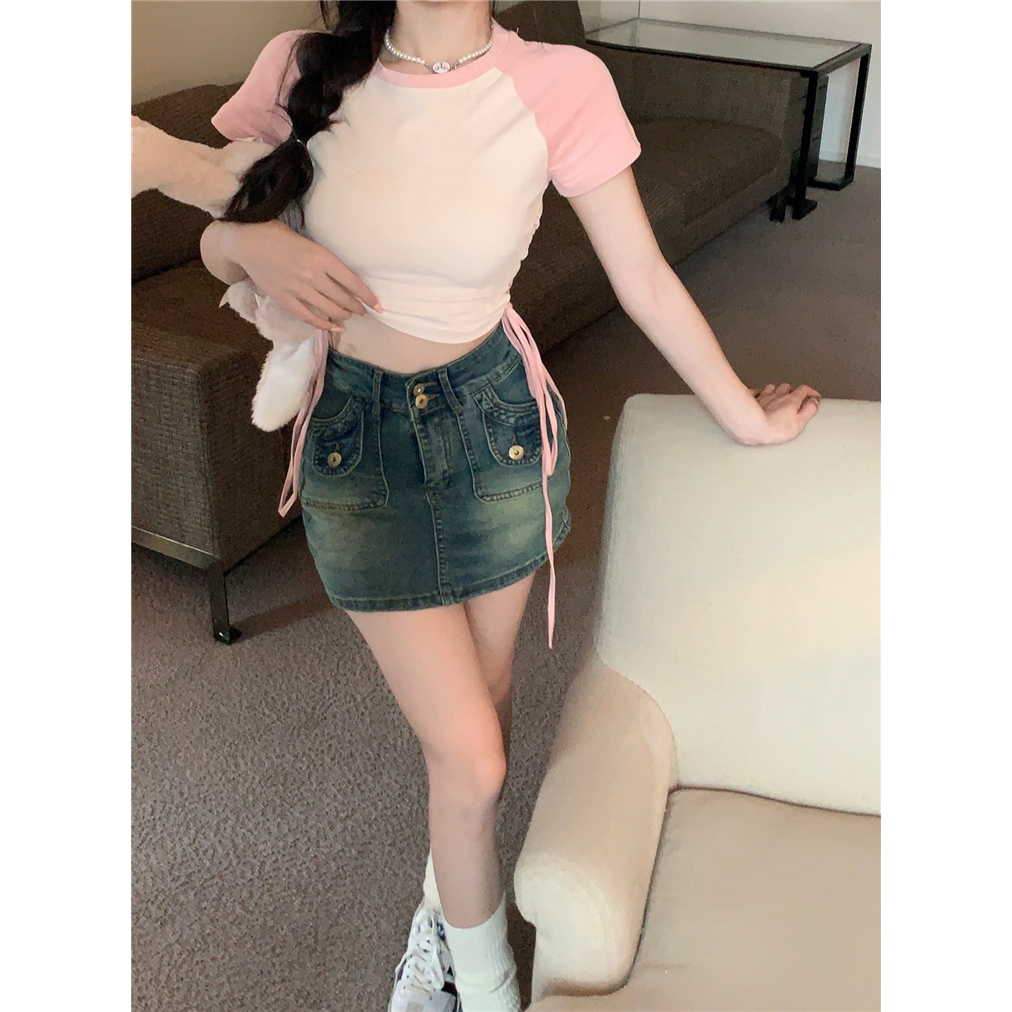 HUANG YOYO Áo Croptop Tay Ngắn Cổ Tròn Thiết Kế Dây Cột Thời Trang Mùa Hè Mới Cho Nữ