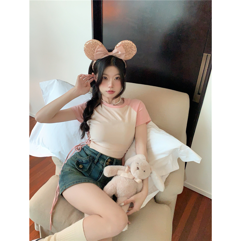 HUANG YOYO Áo Croptop Tay Ngắn Cổ Tròn Thiết Kế Dây Cột Thời Trang Mùa Hè Mới Cho Nữ