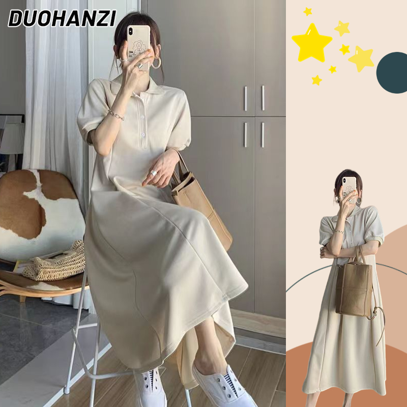 DUOHANZI Đầm Dài Cổ polo Phong Cách Pháp Thời Trang Cho Nữ