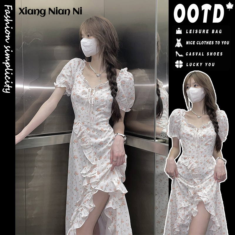 Đầm ren hoa XIANG NIAN NI tay ngắn xẻ tà phong cách mùa hè xinh xắn cho nữ