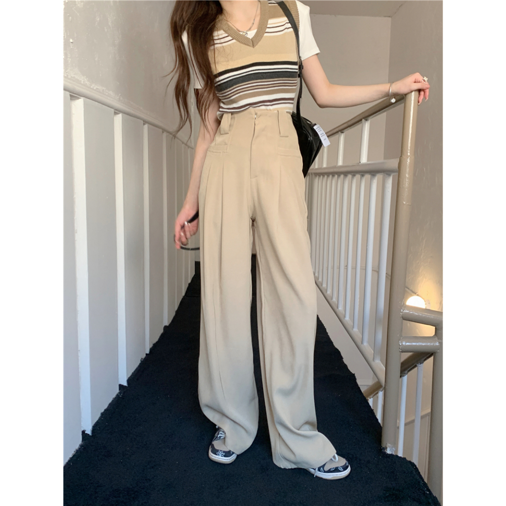 Quần ống rộng Lưng Cao Phối Túi Phong Cách Hàn Quốc Thời Trang Cho Nữ
