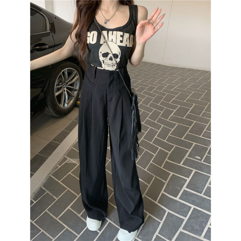 Quần ống rộng Lưng Cao Phối Túi Phong Cách Hàn Quốc Thời Trang Cho Nữ