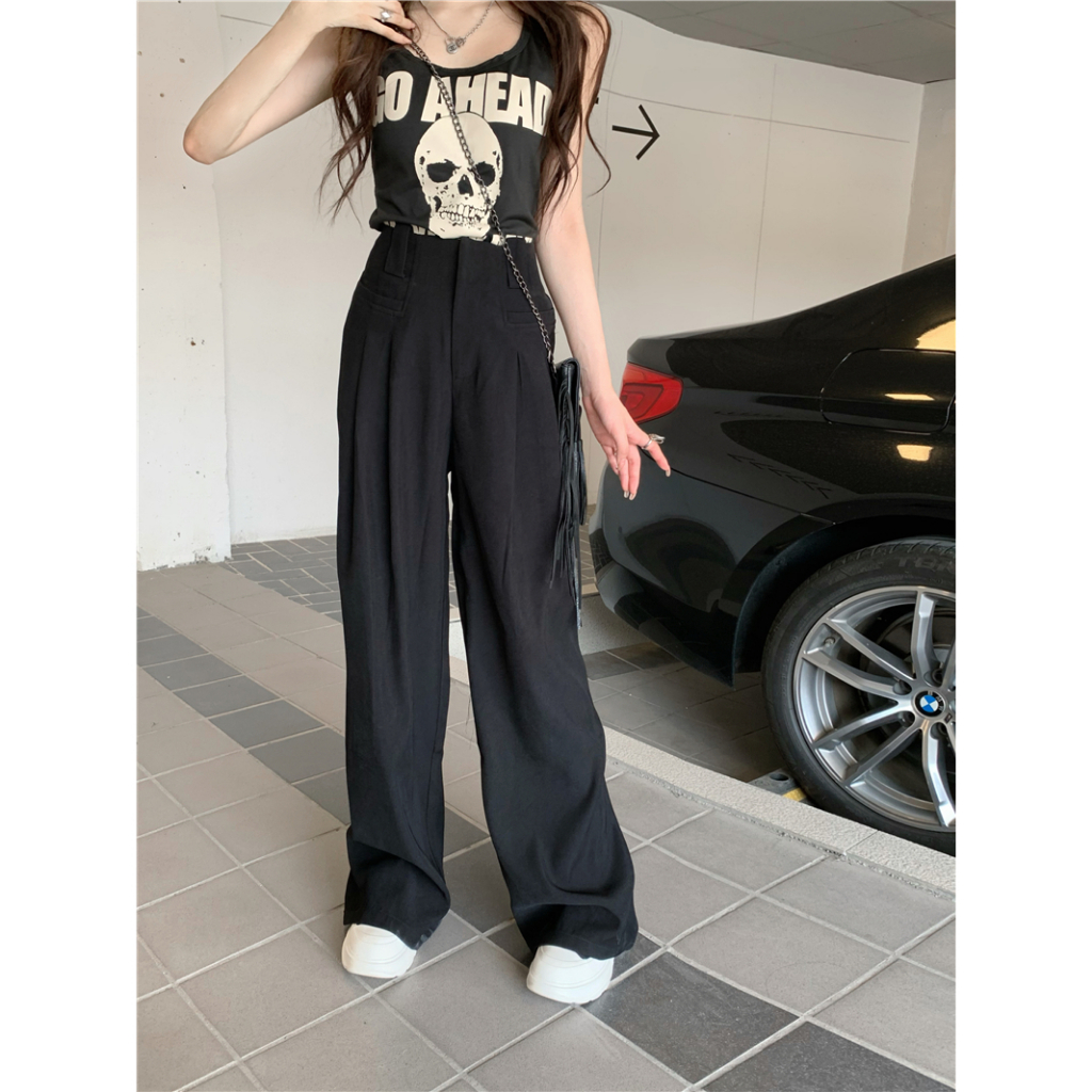 Quần ống rộng Lưng Cao Phối Túi Phong Cách Hàn Quốc Thời Trang Cho Nữ