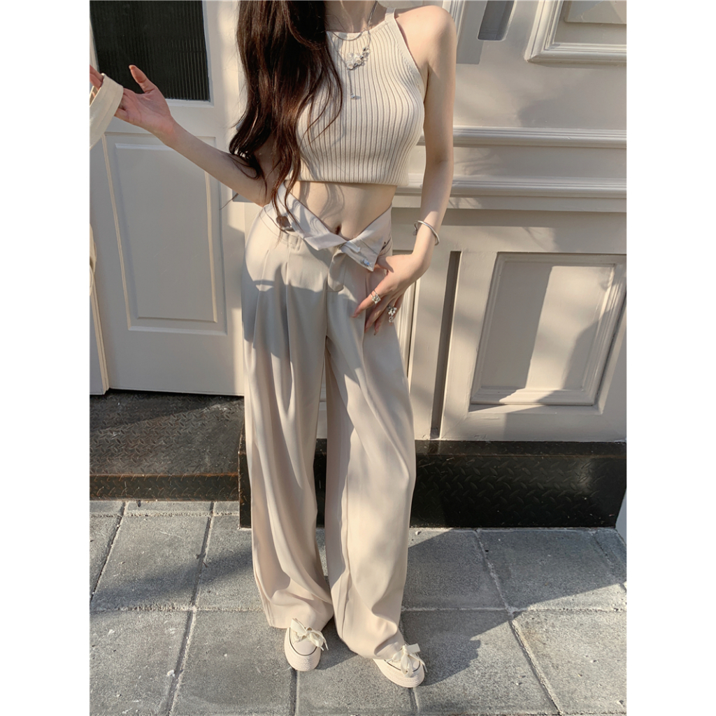 Quần ống rộng Lưng Cao Phối Túi Phong Cách Hàn Quốc Thời Trang Cho Nữ