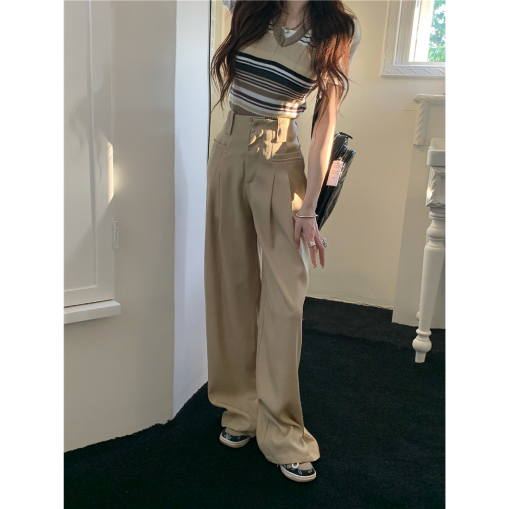 Quần ống rộng Lưng Cao Phối Túi Phong Cách Hàn Quốc Thời Trang Cho Nữ