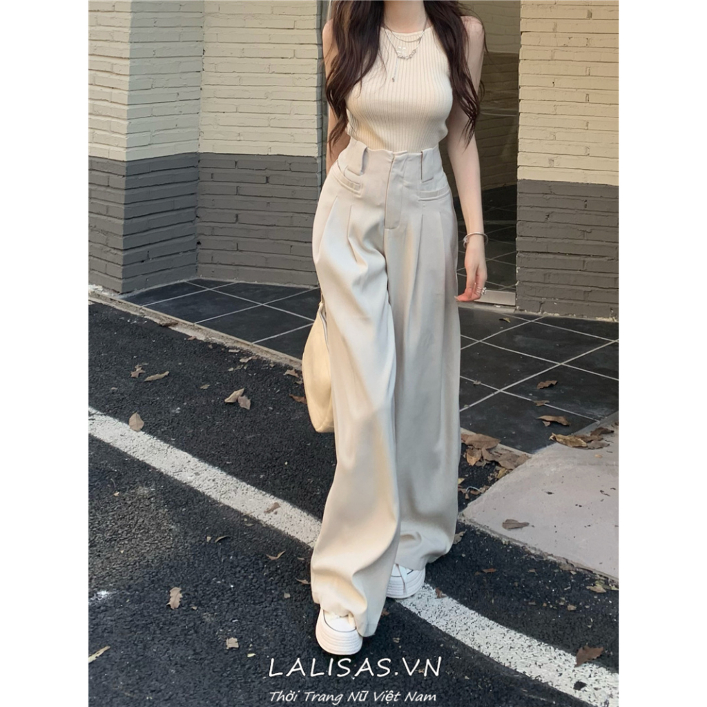 Quần ống rộng Lưng Cao Phối Túi Phong Cách Hàn Quốc Thời Trang Cho Nữ