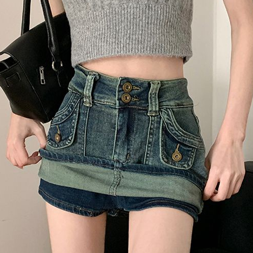 Jiashucheng Chân Váy Denim Ngắn Dáng Ôm Lưng Cao Phong Cách Retro Hong Kong Thời Trang Mùa Hè Dành Cho Nữ