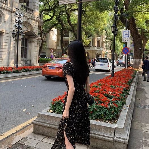 Đầm Hoa Ngắn Tay Màu Đen Thời Trang Mùa Hè Dành Cho Nữ