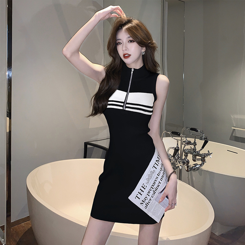 Đầm Dệt Kim Sát Nách Nhấn Eo Họa Tiết Kẻ Sọc Có Khóa Kéo Cho Nữ