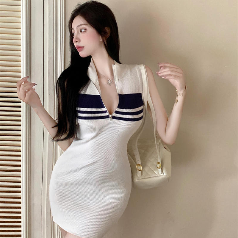 Đầm Dệt Kim Sát Nách Nhấn Eo Họa Tiết Kẻ Sọc Có Khóa Kéo Cho Nữ