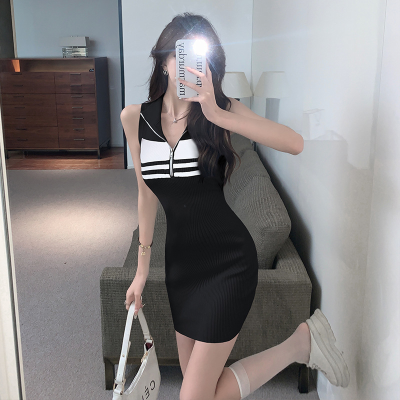 Đầm Dệt Kim Sát Nách Nhấn Eo Họa Tiết Kẻ Sọc Có Khóa Kéo Cho Nữ