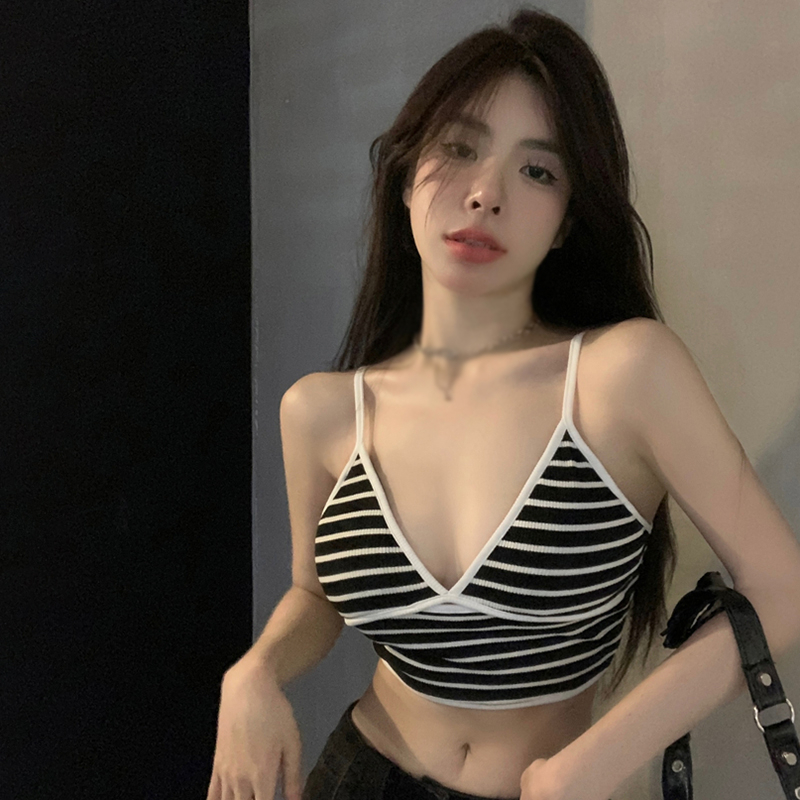 Áo Croptop Dệt Kim Sát Nách Cổ Chữ V Họa Tiết Kẻ Sọc Phong Cách Hàn Quốc Thời Trang Cho Nữ
