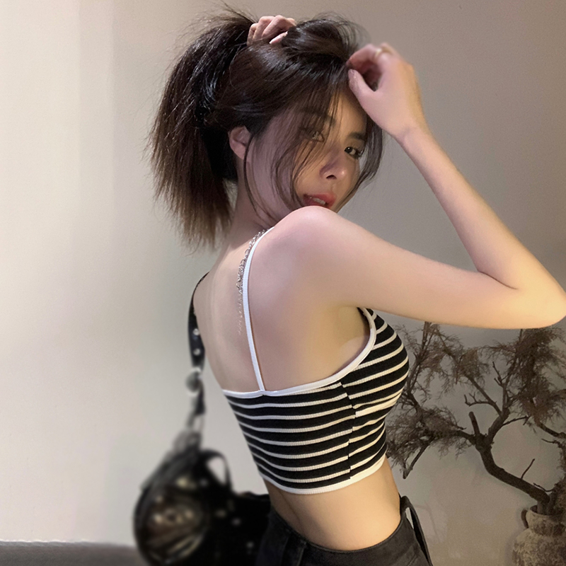 Áo Croptop Dệt Kim Sát Nách Cổ Chữ V Họa Tiết Kẻ Sọc Phong Cách Hàn Quốc Thời Trang Cho Nữ