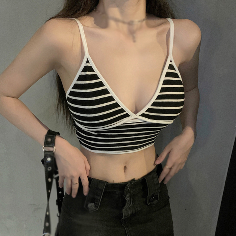 Áo Croptop Dệt Kim Sát Nách Cổ Chữ V Họa Tiết Kẻ Sọc Phong Cách Hàn Quốc Thời Trang Cho Nữ
