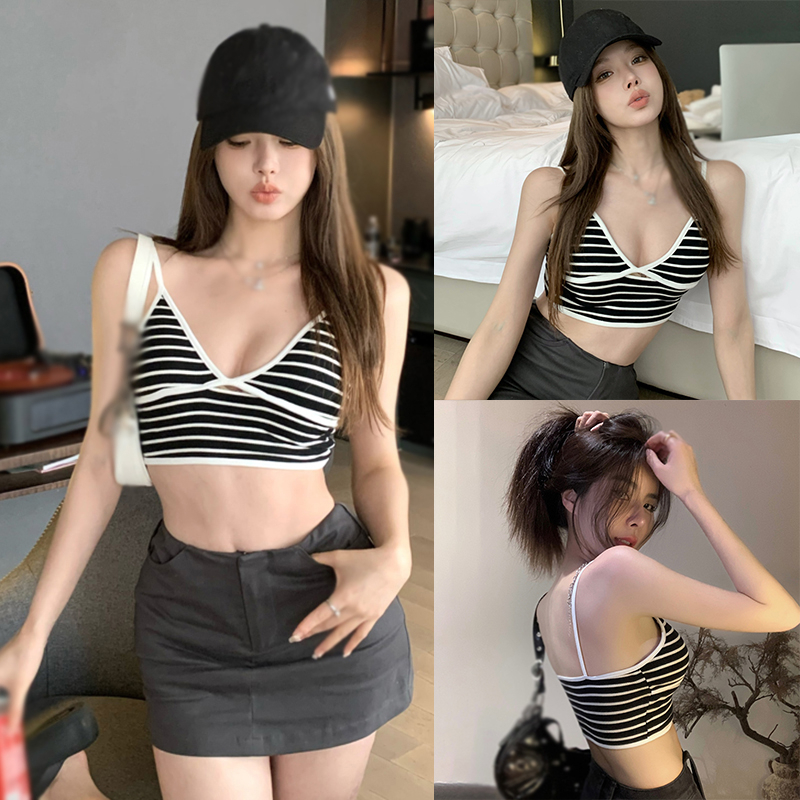 Áo Croptop Dệt Kim Sát Nách Cổ Chữ V Họa Tiết Kẻ Sọc Phong Cách Hàn Quốc Thời Trang Cho Nữ