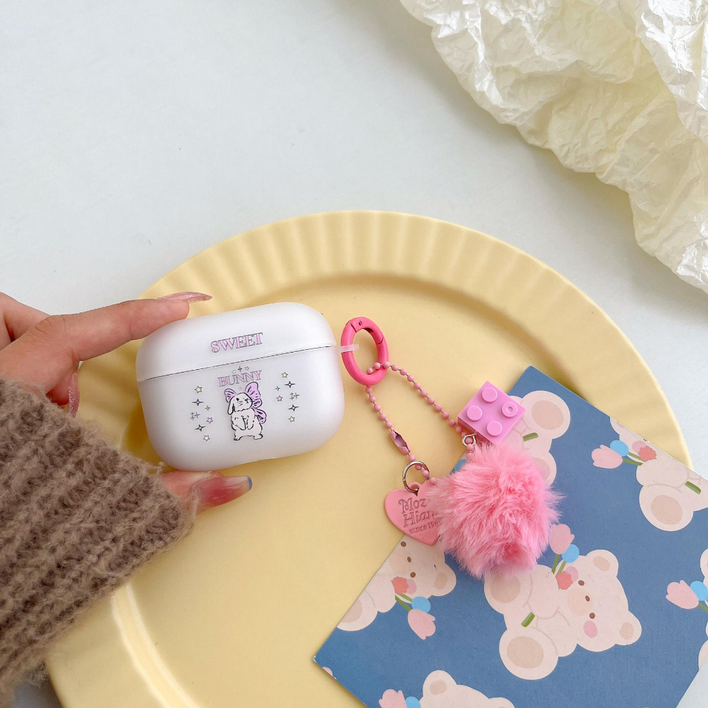 Vỏ Bảo Vệ Hộp Sạc Tai nghe không dây AirPods 1 2 3 Gen Pro2 2022 Bằng TPU Silicone Mềm Trong Suốt Hình Thỏ Phối Banh Lông Màu Hồng