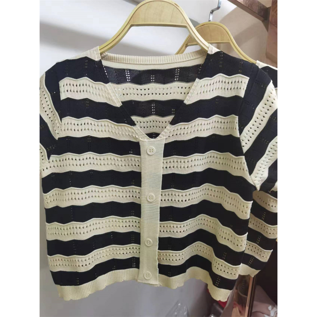 Áo Dệt Kim Ngắn Tay Dáng Rộng Họa Tiết Kẻ Sọc Thời Trang Mùa Hè Cho Nữ