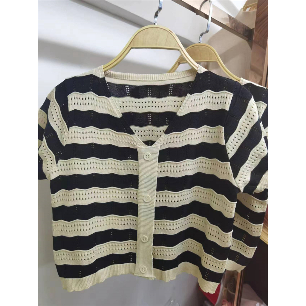 Áo Dệt Kim Ngắn Tay Dáng Rộng Họa Tiết Kẻ Sọc Thời Trang Mùa Hè Cho Nữ