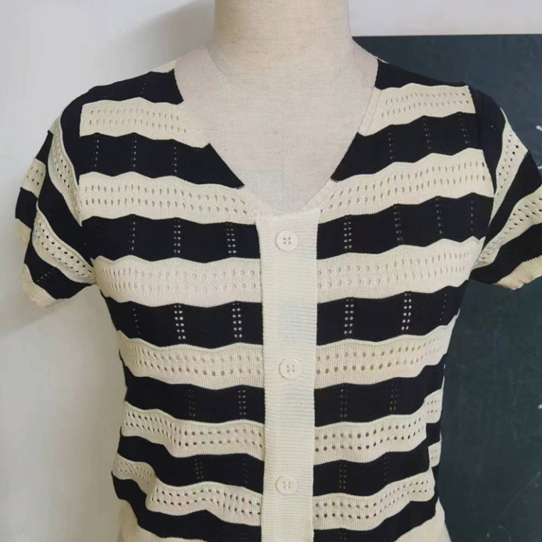 Áo Dệt Kim Ngắn Tay Dáng Rộng Họa Tiết Kẻ Sọc Thời Trang Mùa Hè Cho Nữ