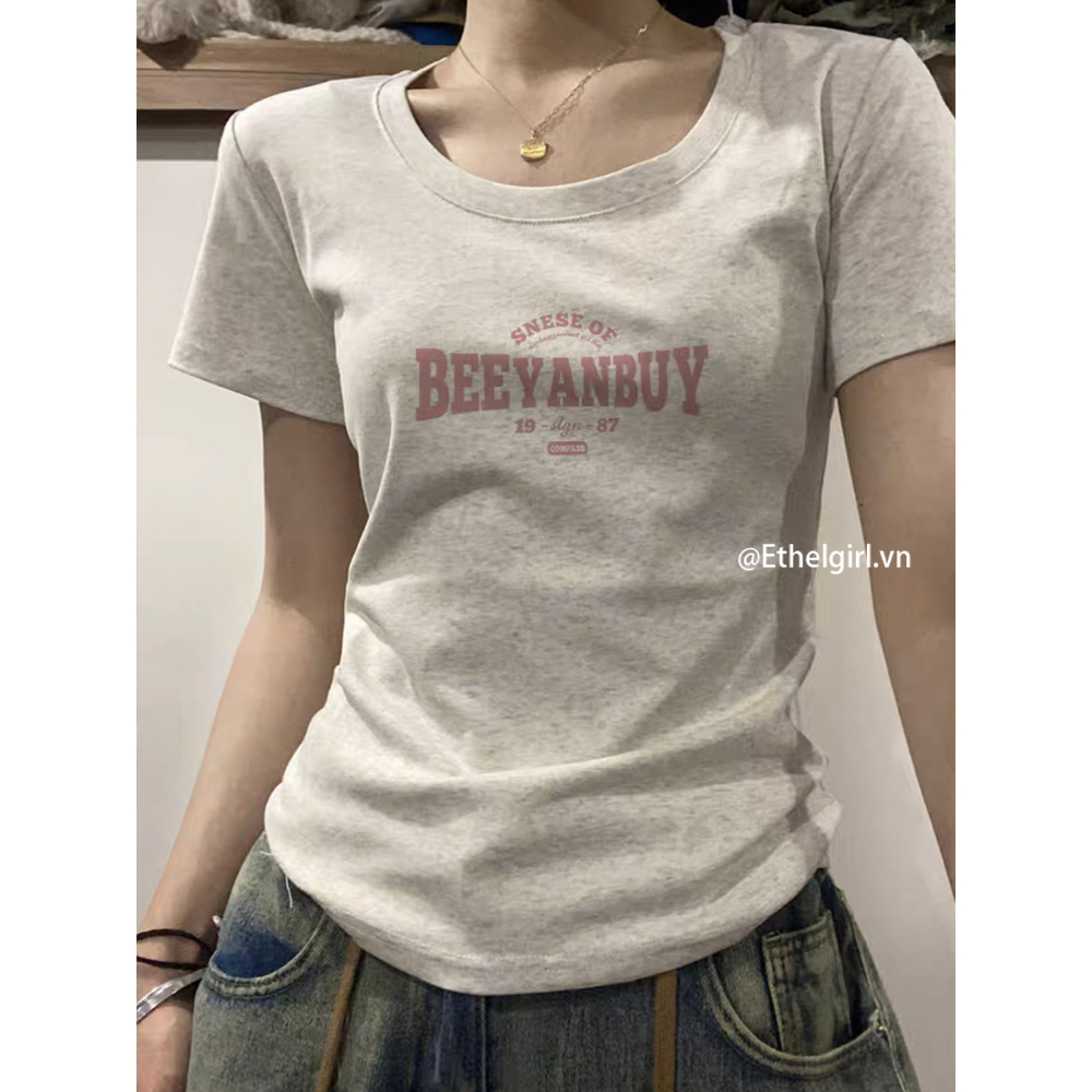 Ethelgirl Áo Thun Tay Ngắn In Chữ 4 Màu Sắc Phong Cách Hàn Quốc Cho Nữ