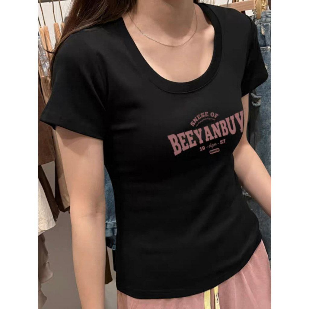 Ethelgirl Áo Thun Tay Ngắn In Chữ 4 Màu Sắc Phong Cách Hàn Quốc Cho Nữ