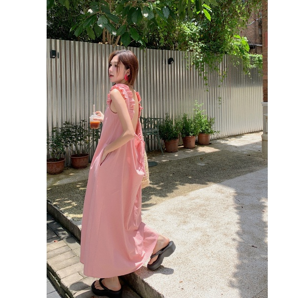 「Nonfatgirl」Đầm Dây Rút Dáng Dài Rộng Lưng Trần Thiết Kế Ngọt Ngào Thời Trang Đi Biển Cho Nữ