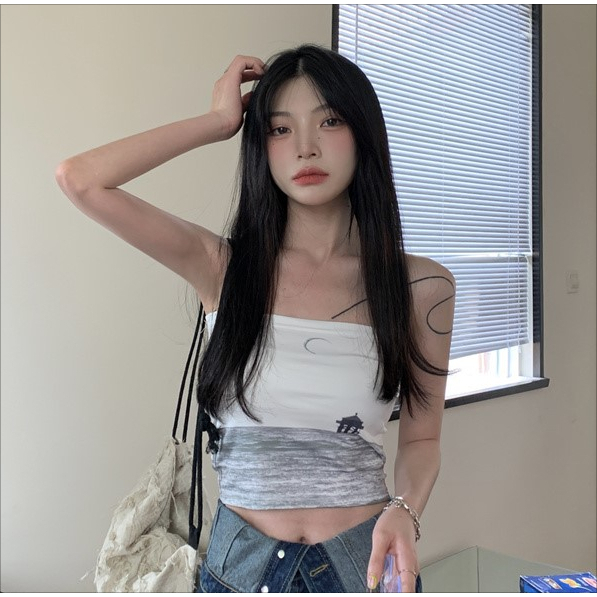 ZHELIHANGFEI Áo Ống Ôm In Họa Tiết Phong Cảnh Đơn Giản Ngọt Ngào Phong Cách Hàn Quốc