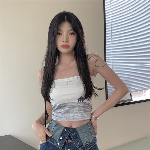 ZHELIHANGFEI Áo Ống Ôm In Họa Tiết Phong Cảnh Đơn Giản Ngọt Ngào Phong Cách Hàn Quốc