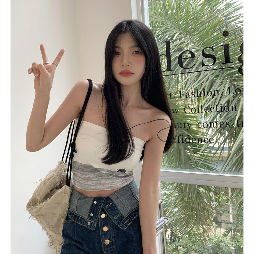 ZHELIHANGFEI Áo Ống Ôm In Họa Tiết Phong Cảnh Đơn Giản Ngọt Ngào Phong Cách Hàn Quốc