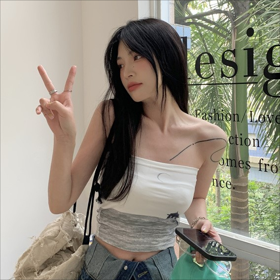 ZHELIHANGFEI Áo Ống Ôm In Họa Tiết Phong Cảnh Đơn Giản Ngọt Ngào Phong Cách Hàn Quốc