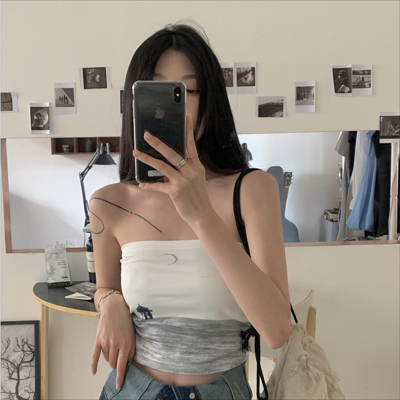 ZHELIHANGFEI Áo Ống Ôm In Họa Tiết Phong Cảnh Đơn Giản Ngọt Ngào Phong Cách Hàn Quốc