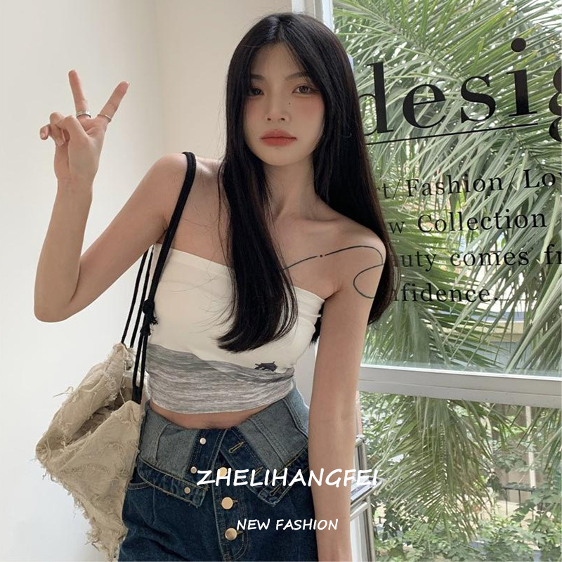 ZHELIHANGFEI Áo Ống Ôm In Họa Tiết Phong Cảnh Đơn Giản Ngọt Ngào Phong Cách Hàn Quốc