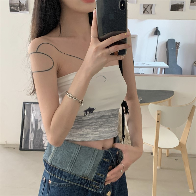 ZHELIHANGFEI Áo Ống Ôm In Họa Tiết Phong Cảnh Đơn Giản Ngọt Ngào Phong Cách Hàn Quốc