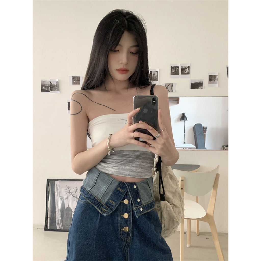 ZHELIHANGFEI Áo Ống Ôm In Họa Tiết Phong Cảnh Đơn Giản Ngọt Ngào Phong Cách Hàn Quốc