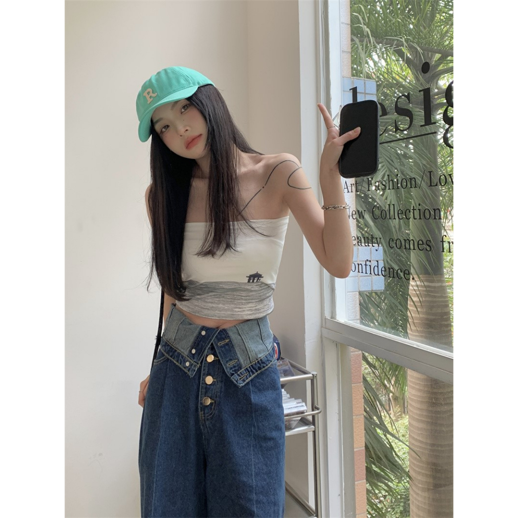 ZHELIHANGFEI Áo Ống Ôm In Họa Tiết Phong Cảnh Đơn Giản Ngọt Ngào Phong Cách Hàn Quốc