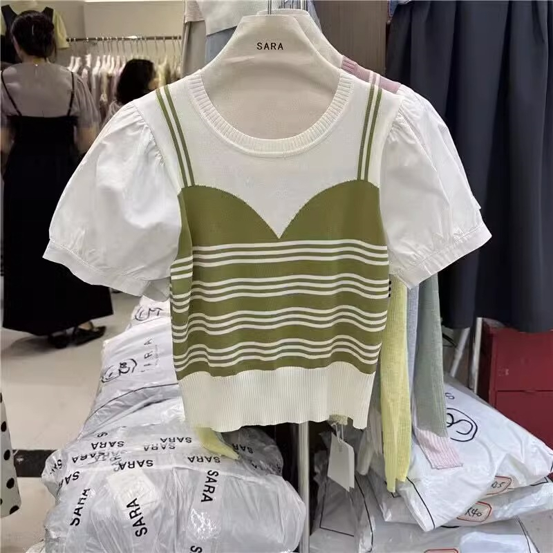 Áo Thun Giả Hai Lớp Tay Phồng Họa Tiết Kẻ Sọc Màu Tương Phản Thời Trang Mùa Hè Cho Nữ