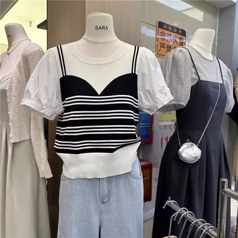 Áo Thun Giả Hai Lớp Tay Phồng Họa Tiết Kẻ Sọc Màu Tương Phản Thời Trang Mùa Hè Cho Nữ