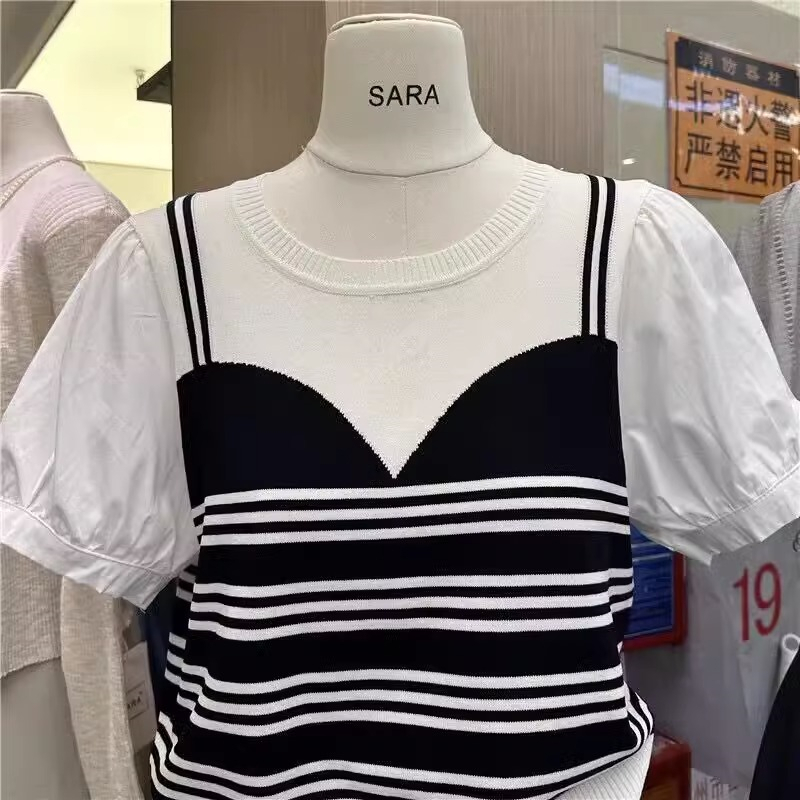 Áo Thun Giả Hai Lớp Tay Phồng Họa Tiết Kẻ Sọc Màu Tương Phản Thời Trang Mùa Hè Cho Nữ