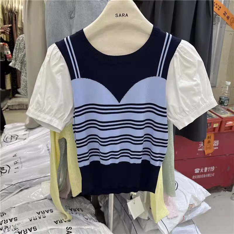 Áo Thun Giả Hai Lớp Tay Phồng Họa Tiết Kẻ Sọc Màu Tương Phản Thời Trang Mùa Hè Cho Nữ