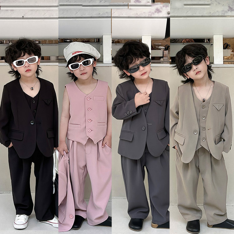 Set Đồ Vest Gồm Áo Blazer + Quần Dài Màu Đen / Xám / Hồng Thời Trang Lịch Lãm Cho Bé Trai 2-9 Tuổi