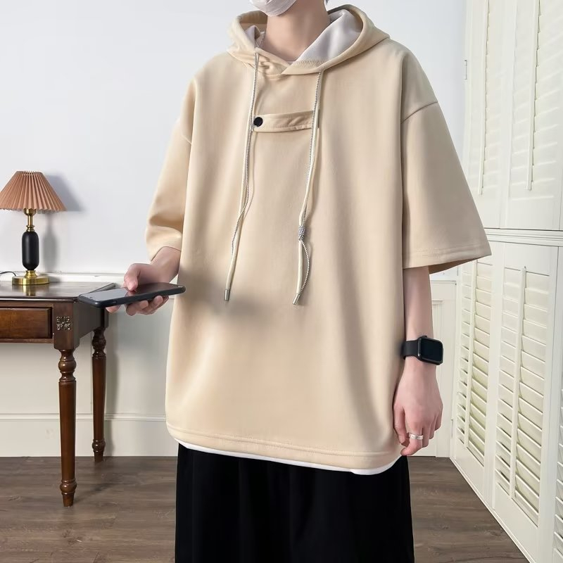 Áo Hoodie Cotton Tay Ngắn Phối Dây Rút Thờiáo vải mềm mỏng nhẹ thoáng khí màu trơn đơn giản phối dây thời trang mùa hè chất lượng cao cho cặp đôi Trang Mùa Hè Thoải Mái Chất Lượng Cao Cho Nam