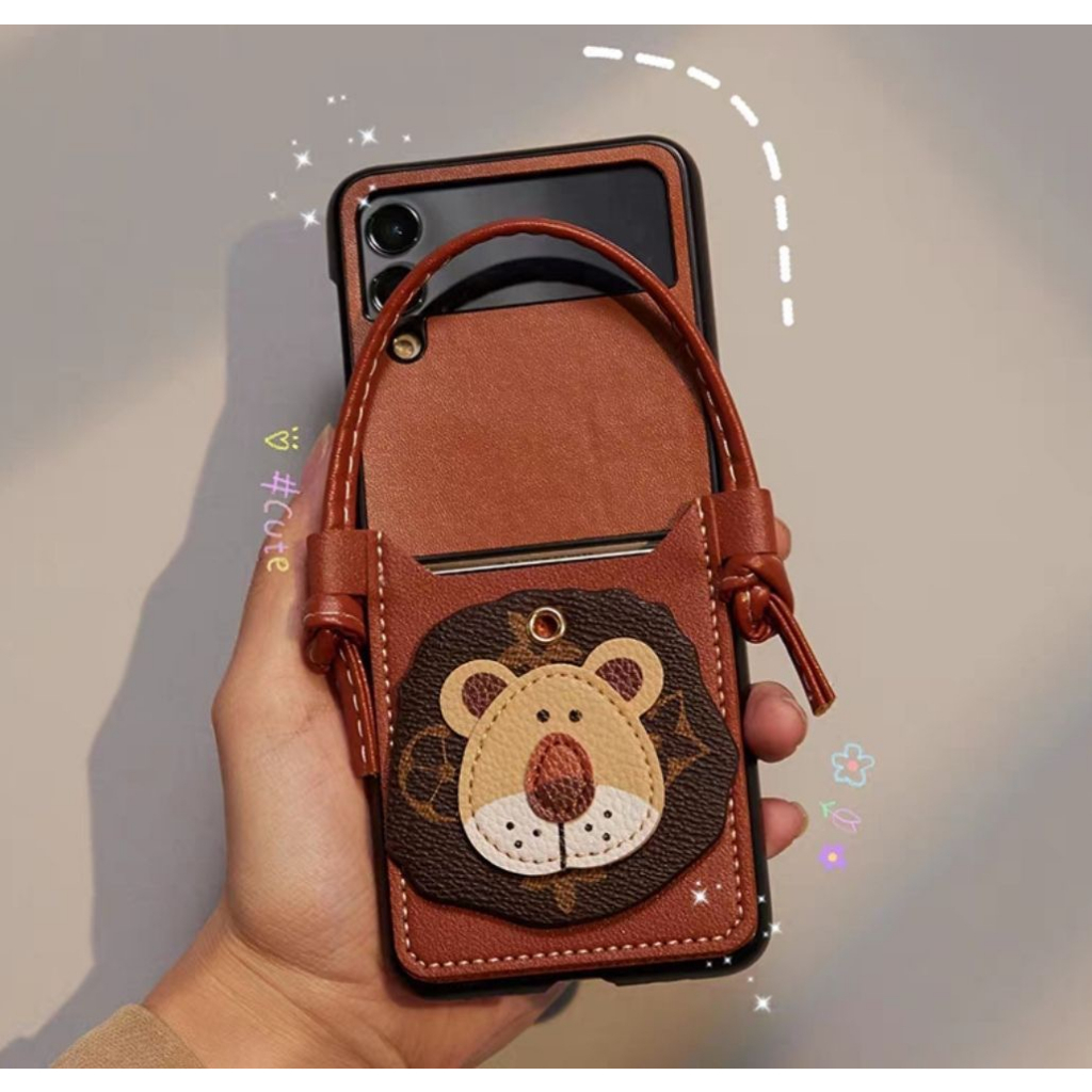 Ốp lưng dạng gập họa tiết sư tử cho Samsung Galaxy Z Flip 4 Z Flip 3 Flip3 Flip 4 có ngăn đựng thẻ và dây đeo