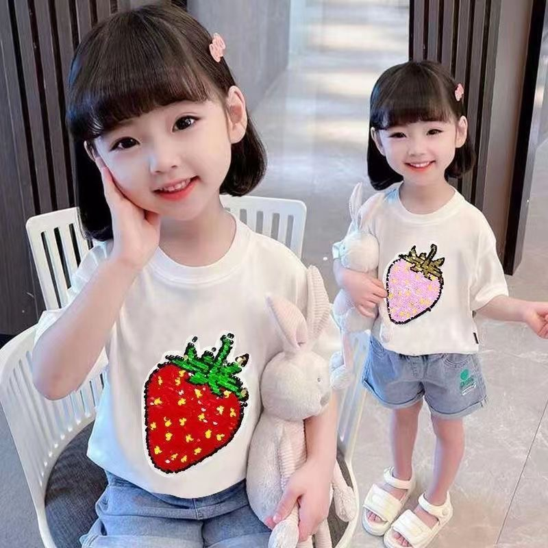 Áo Thun Cotton Cổ Tròn Họa Tiết Dâu Tây Dễ Thương Phong Cách Hàn Quốc Cho Bé Gái 3-8 Tuổi